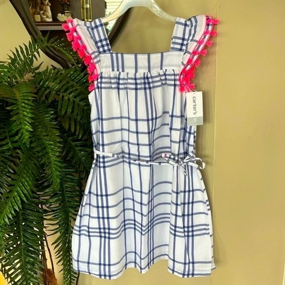 Brand New Carter’s White Blue Plaid Dress w/ Pink Tassels Tie Waist Lined Casual